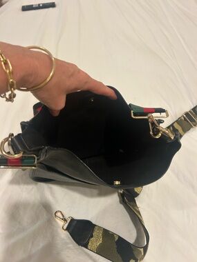 Black Crossbody Bag with Gold Hardware and Removable Patterned Straps